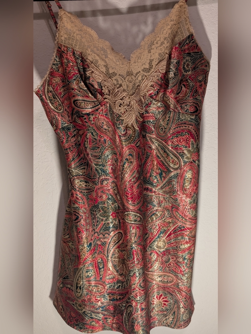Victoria's Secret Paisley Satin Slip Dress in Red, Green and Beige Lace